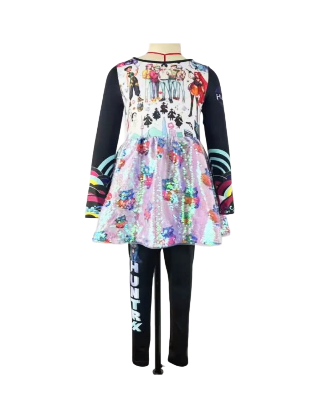 Holographic Sequin Skater Dress with Black Leggings